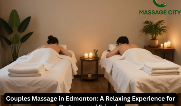 A couple enjoying a relaxing therapeutic couples massage session at a spa in Edmonton